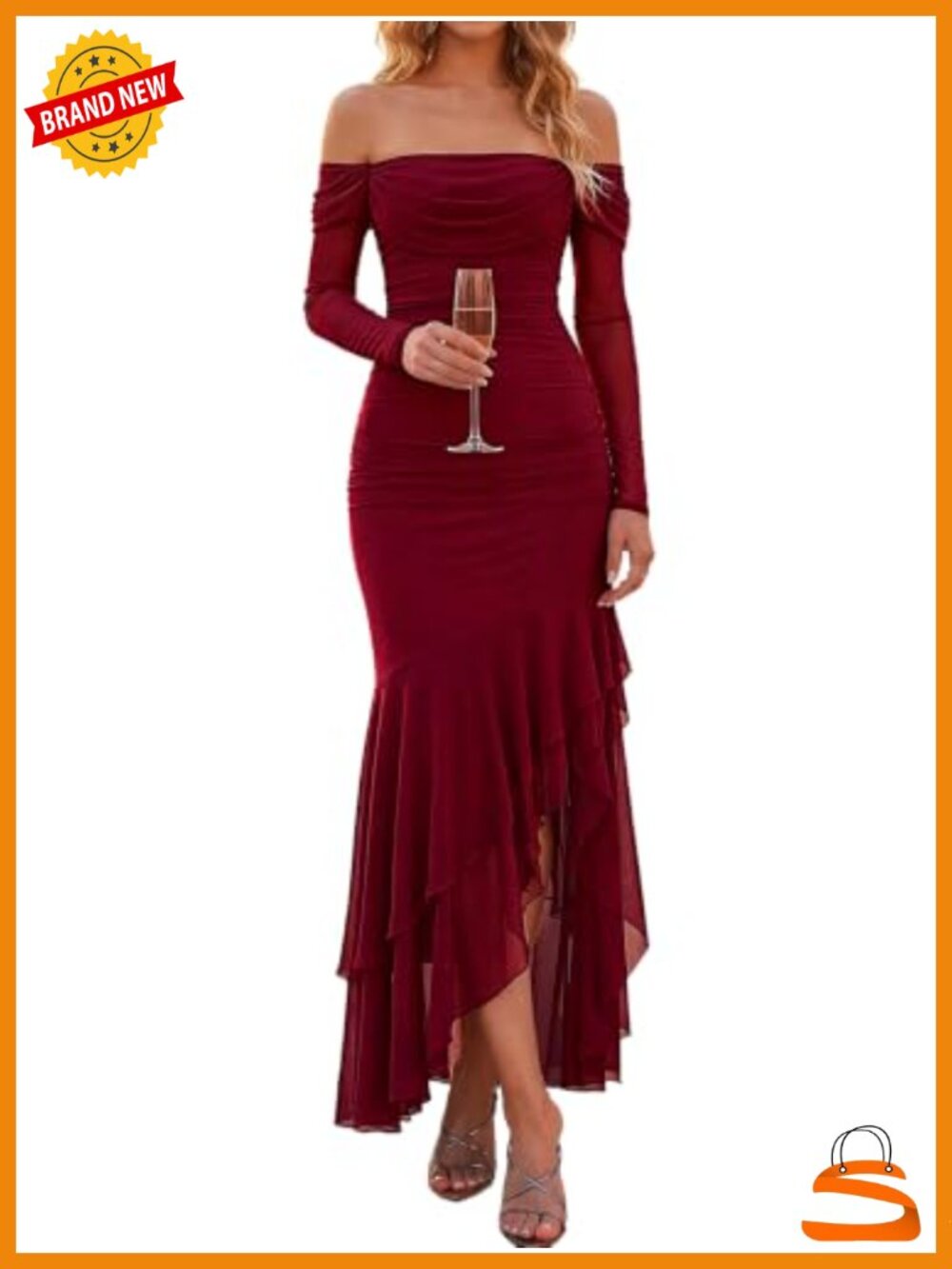 Off Shoulder Long Sleeve Maxi Dress Stretch Mesh Bodycon Formal